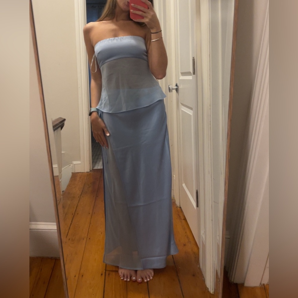 Strapless Light Blue Maxi Dress with Sheer Layered Bodice